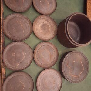 Vintage Hand-Carved in Japan Teak Wood Tea Coaster Set of 8 in Matching Box